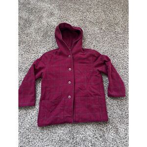 Vintage L.L.Bean Women’s Hooded Button-Up Coat – Plaid Burgundy (Size Small)